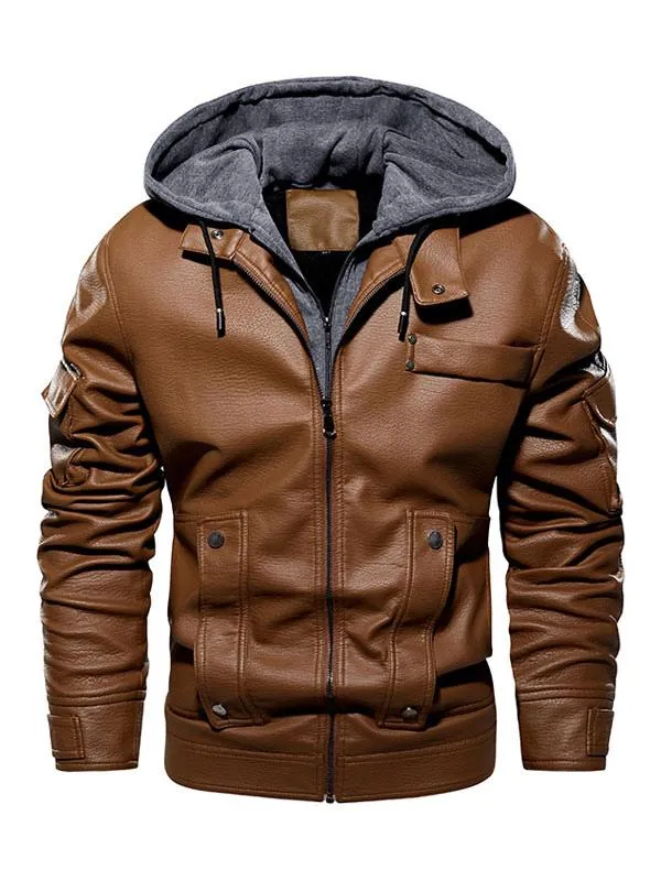 Men's Leather Jacket Comfy Layered Zipper Color Block Fashion Moto Spring Coffee Brown