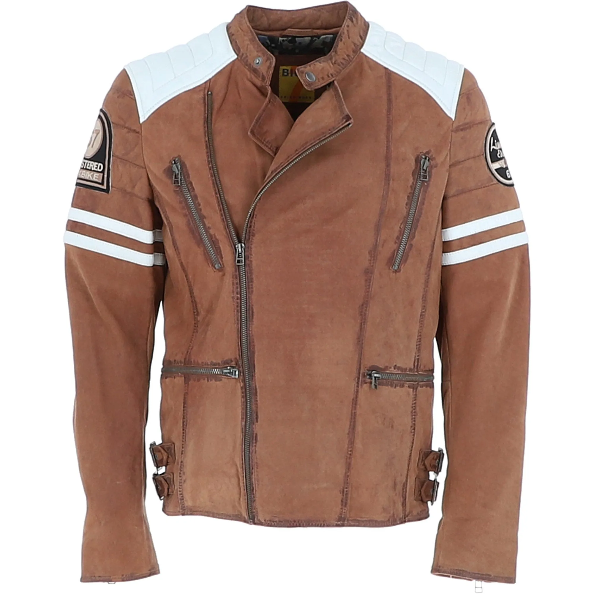 Mens Side Zip Leather Biker Jacket Cognac: M 1132