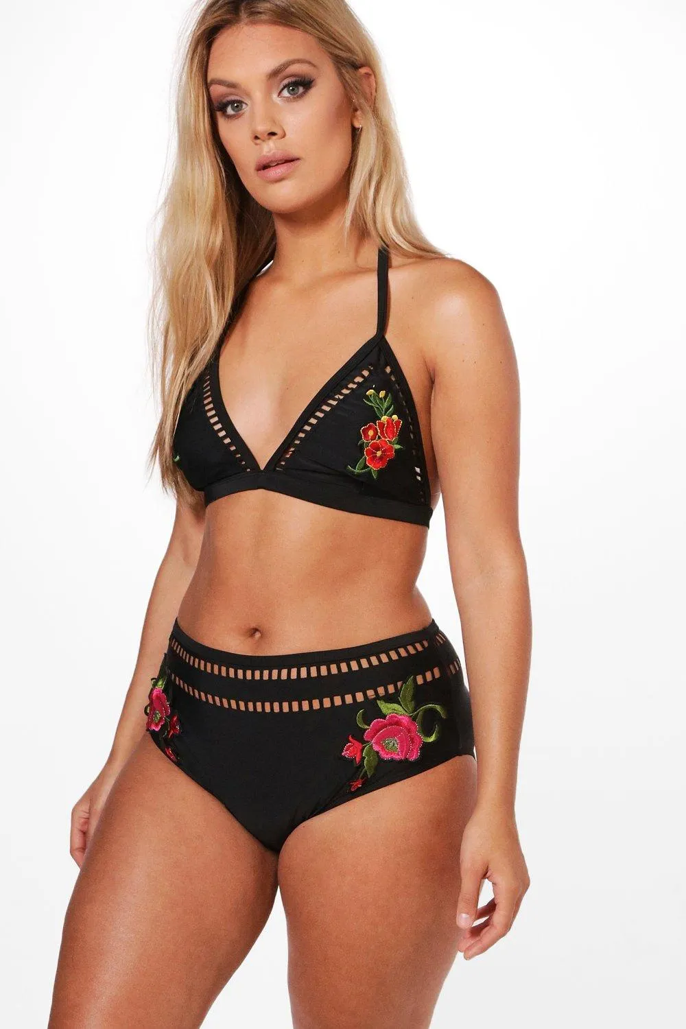 Plus  Applique Flower High Waist Bikini