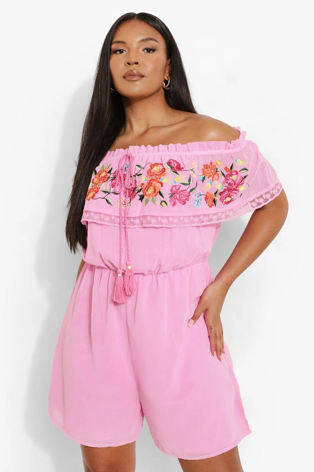 Plus Embroidered Off The Shoulder Romper