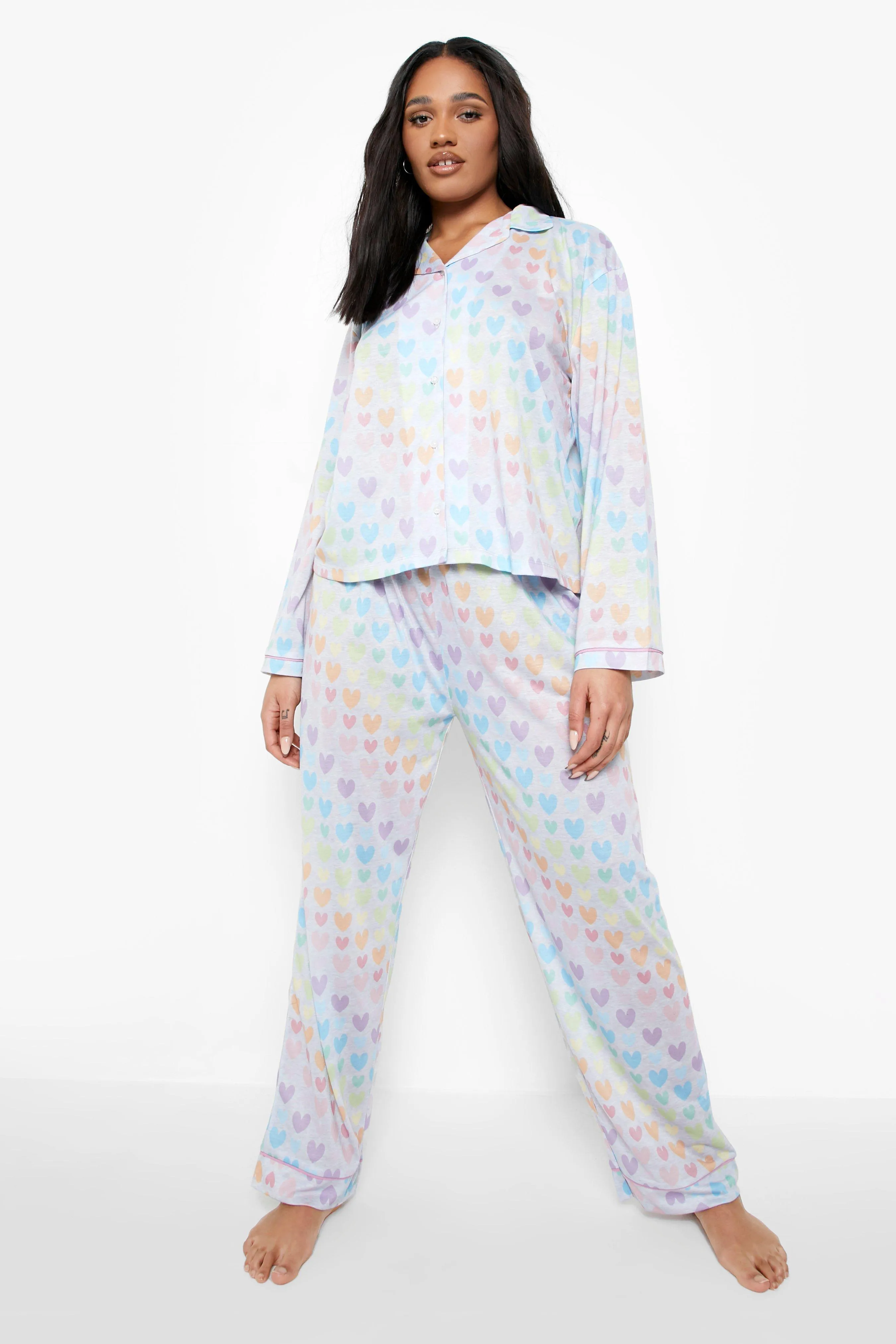 Plus Rainbow Marble Heart Print Shirt & Trousers Pyjama Set