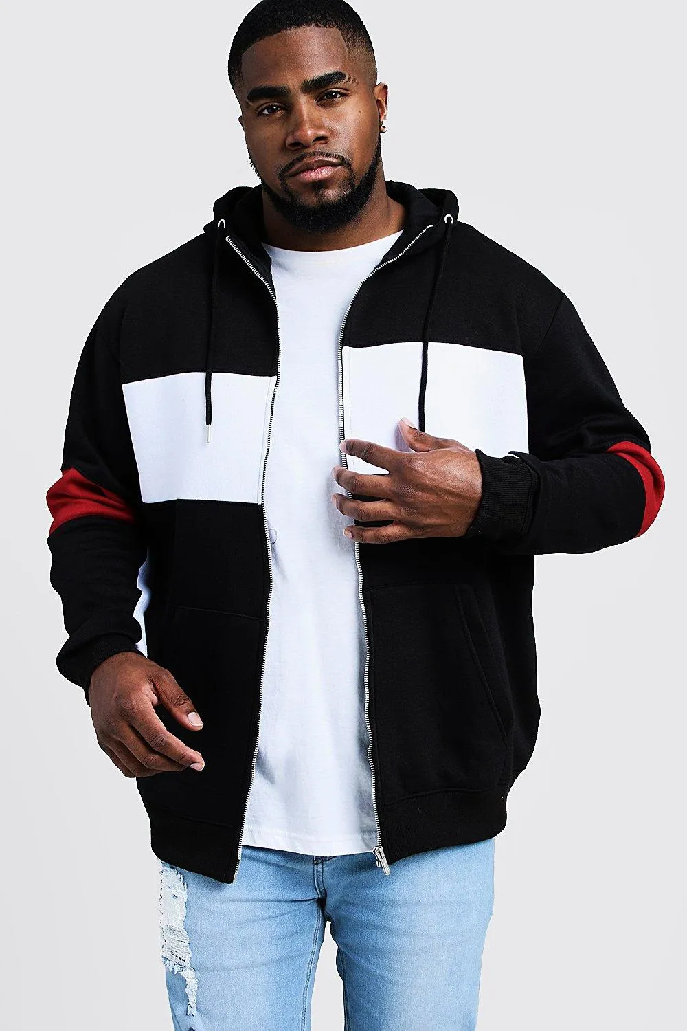 Plus Size Colour Block Zip Through Hoodie | boohooMAN UK