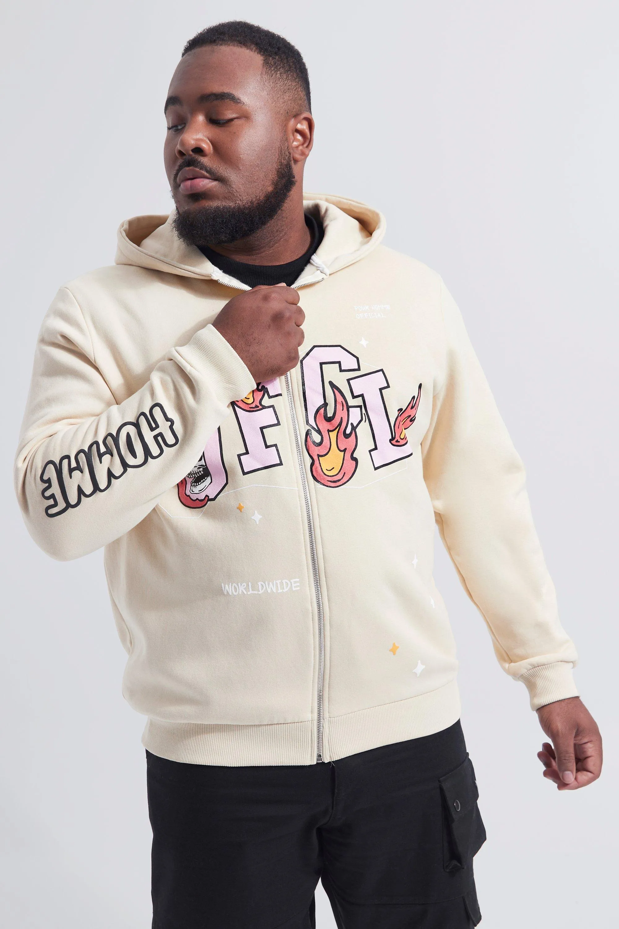 Plus Zip Through Ofcl Puff Print Hoodie | boohooMAN UK