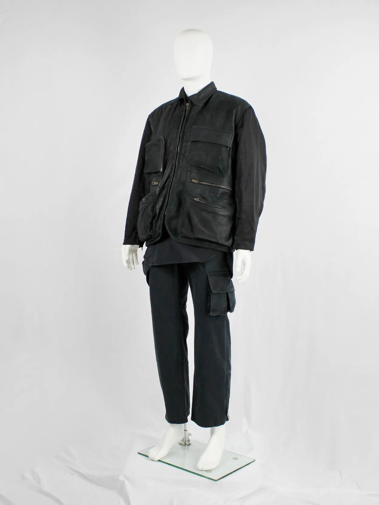 Pour Deux black leather jacket with cargo pockets and contrasting sleeves and back