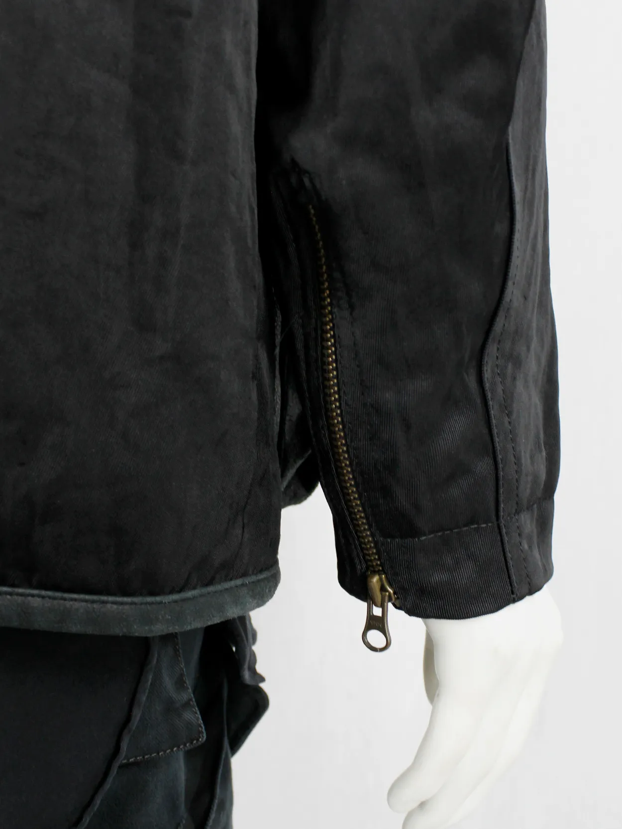 Pour Deux black leather jacket with cargo pockets and contrasting sleeves and back