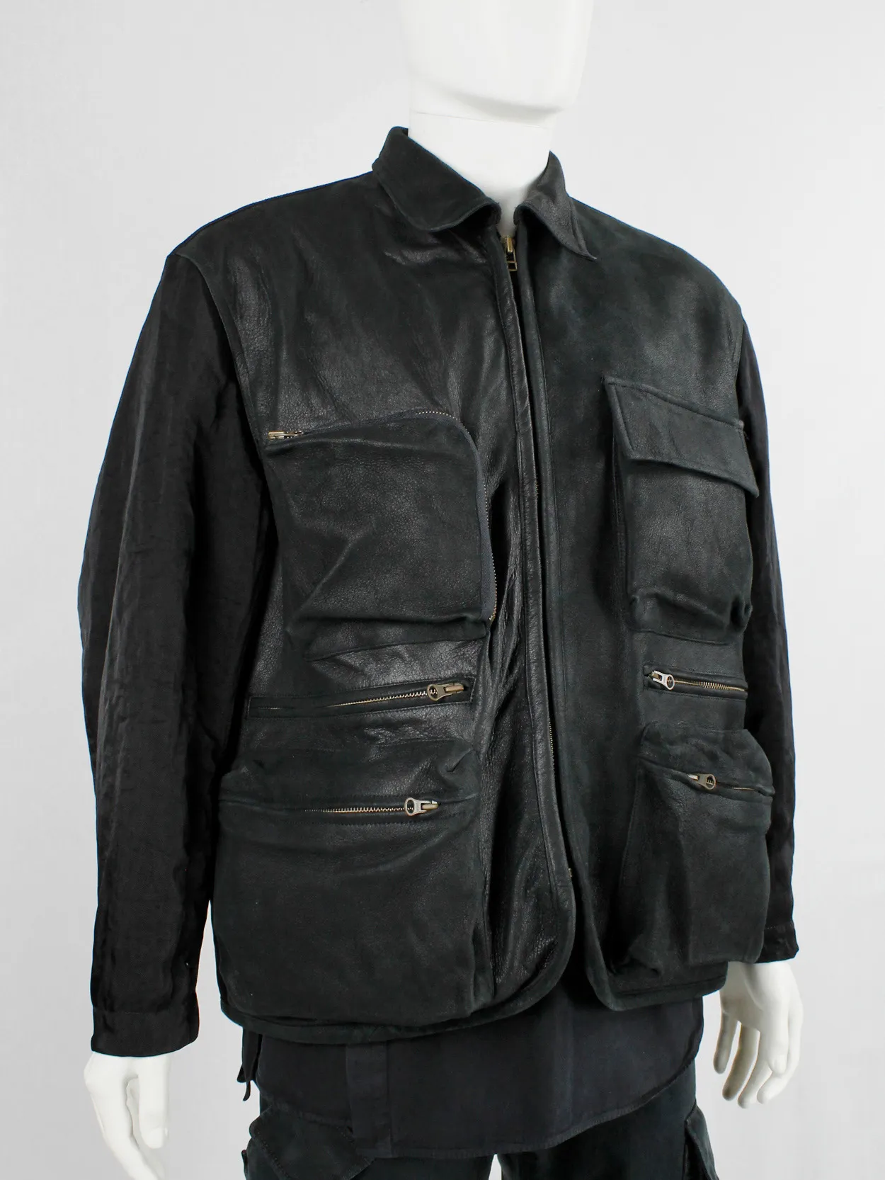 Pour Deux black leather jacket with cargo pockets and contrasting sleeves and back