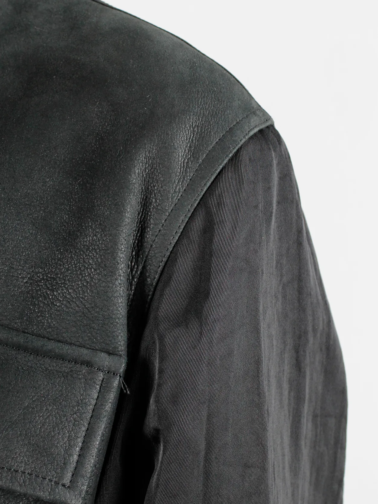 Pour Deux black leather jacket with cargo pockets and contrasting sleeves and back