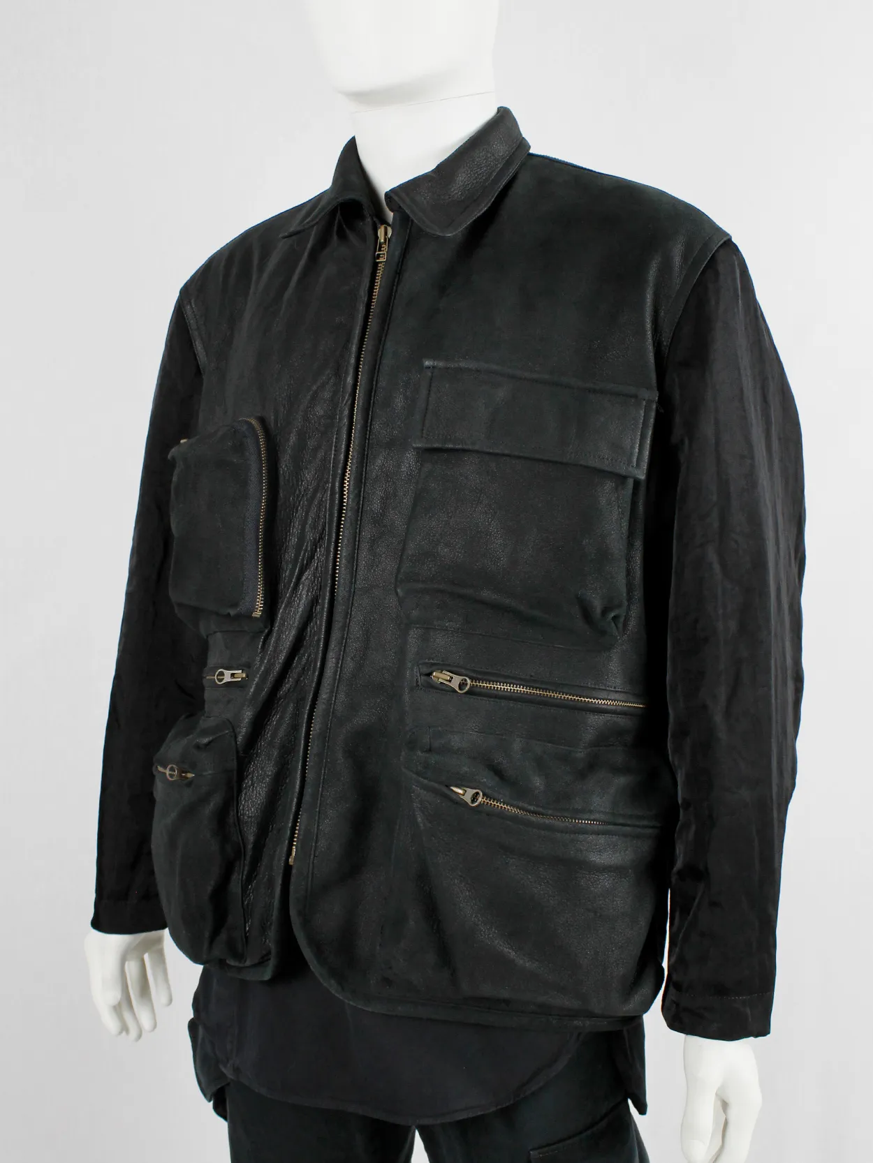 Pour Deux black leather jacket with cargo pockets and contrasting sleeves and back