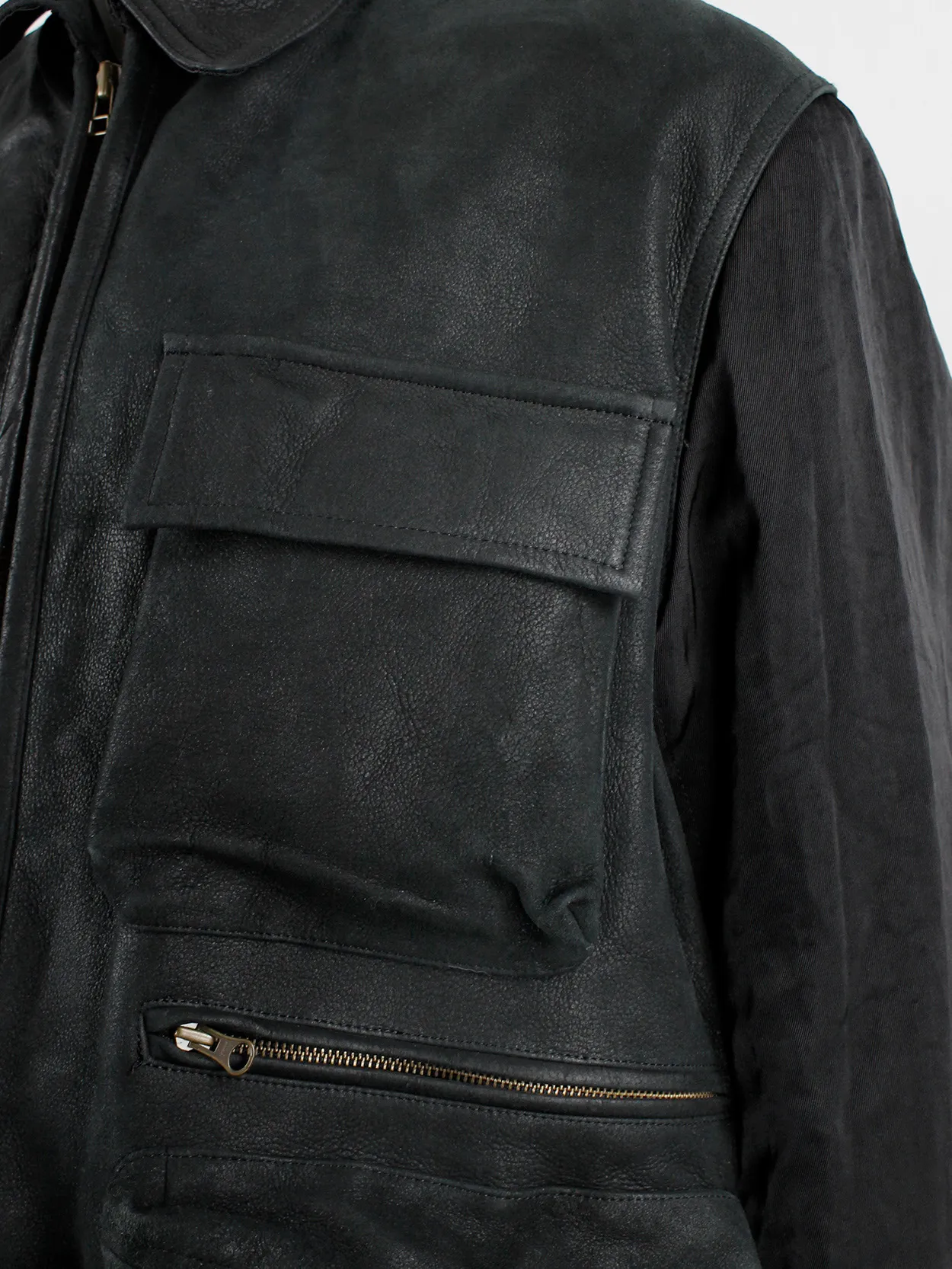 Pour Deux black leather jacket with cargo pockets and contrasting sleeves and back