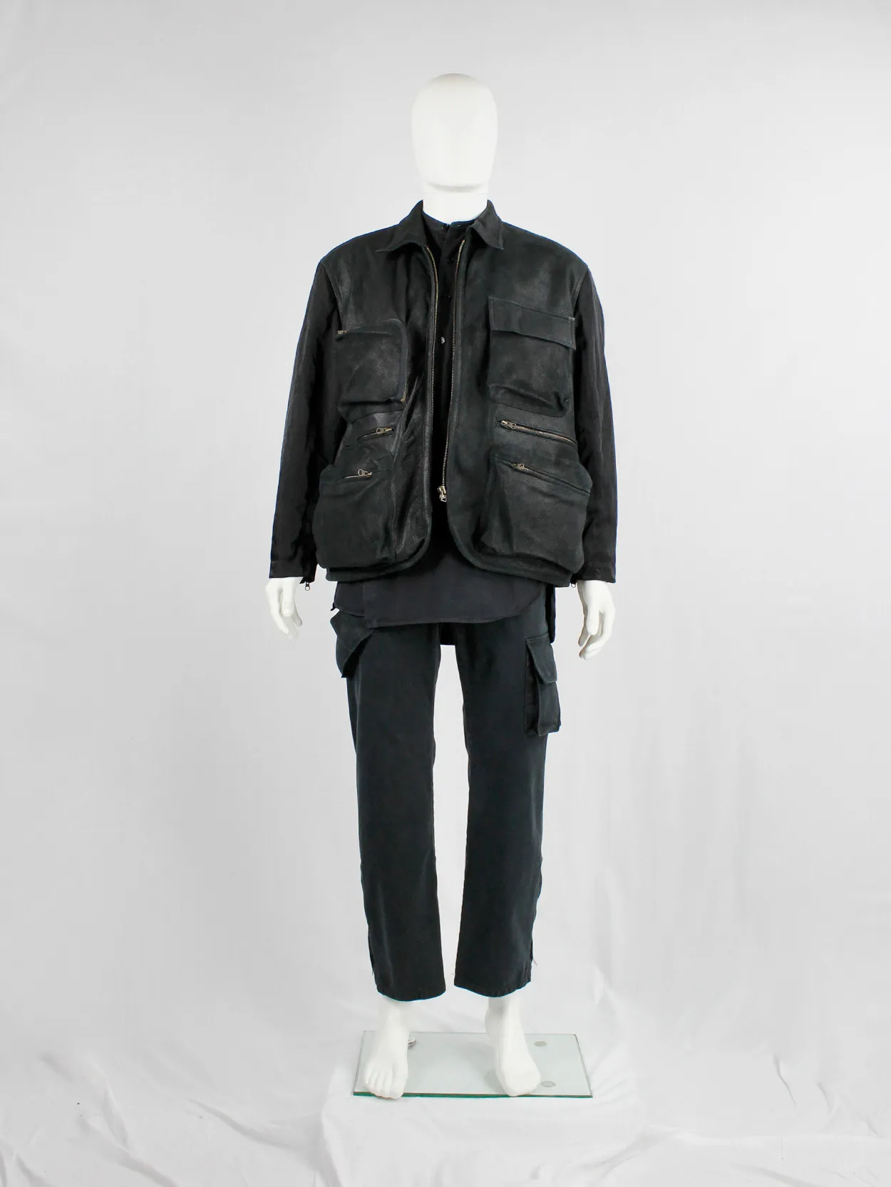 Pour Deux black leather jacket with cargo pockets and contrasting sleeves and back