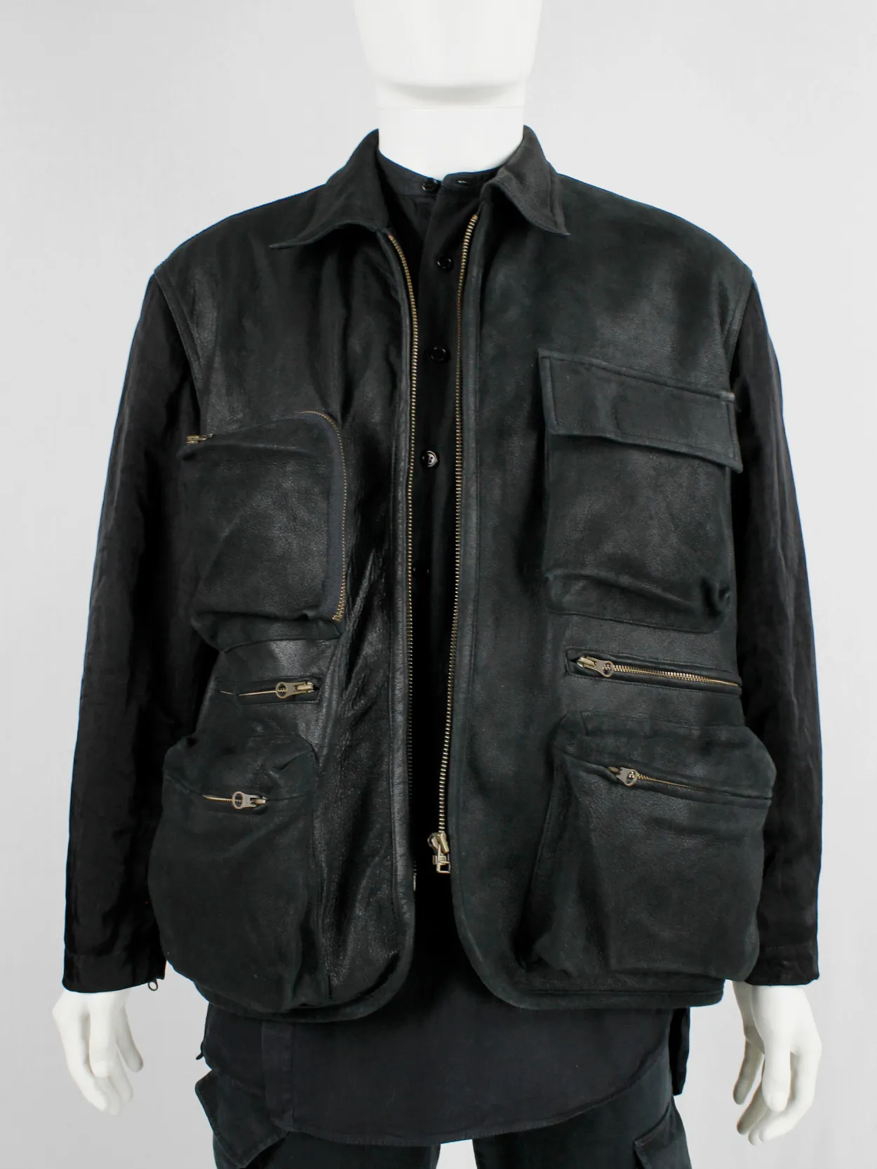 Pour Deux black leather jacket with cargo pockets and contrasting sleeves and back