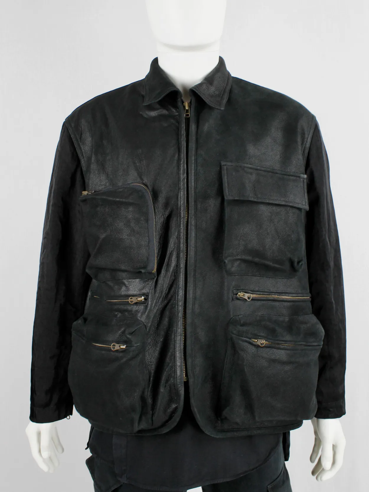 Pour Deux black leather jacket with cargo pockets and contrasting sleeves and back