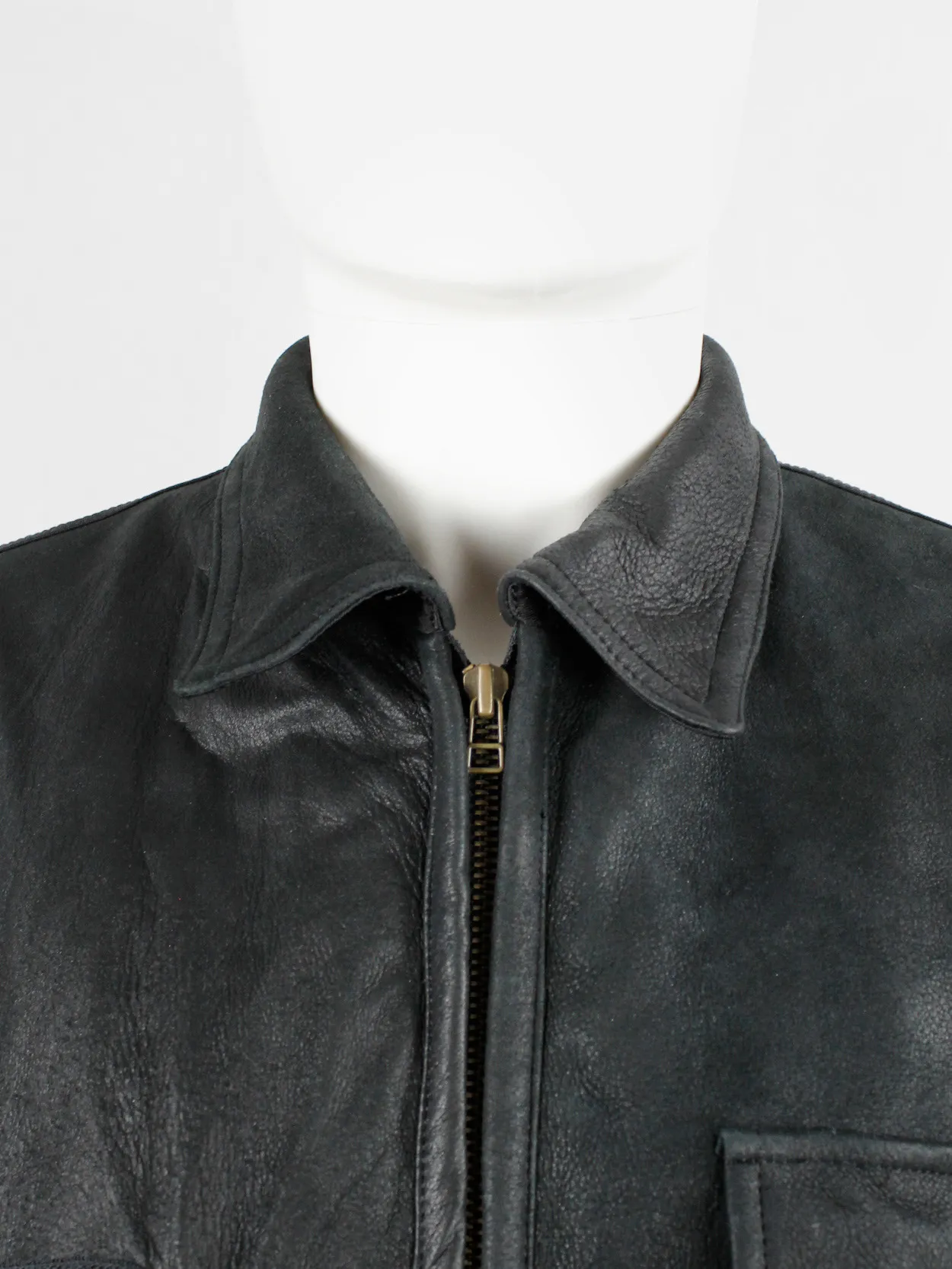 Pour Deux black leather jacket with cargo pockets and contrasting sleeves and back