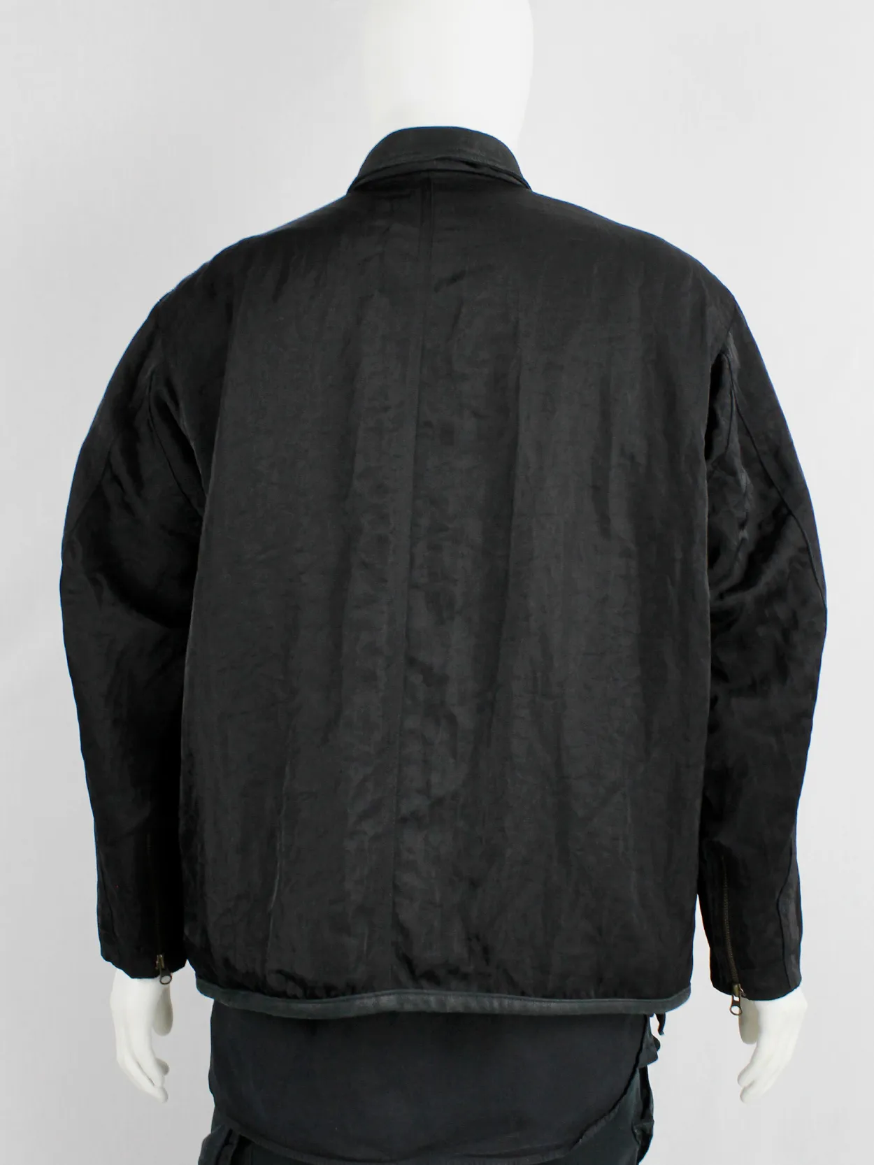 Pour Deux black leather jacket with cargo pockets and contrasting sleeves and back