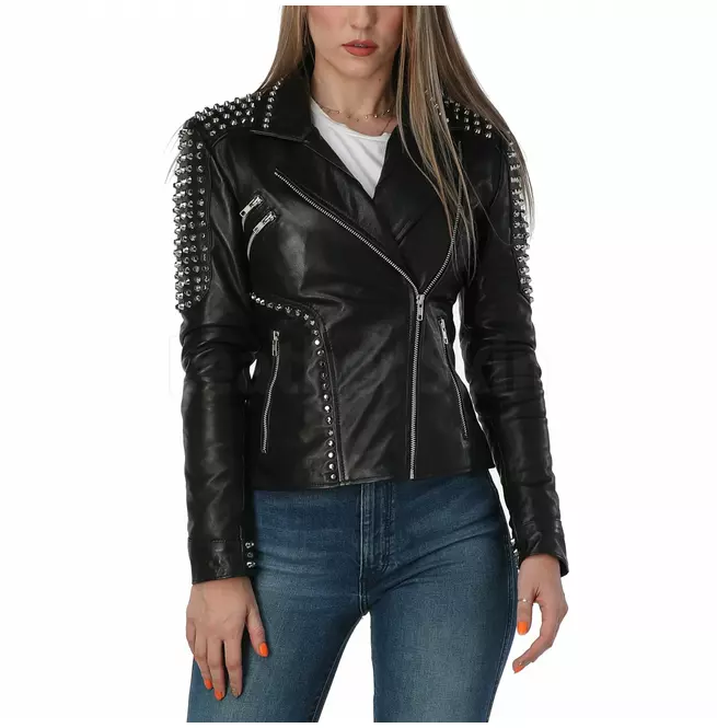 Punk Women's Black Leather Jacket With Spike Details and Studs