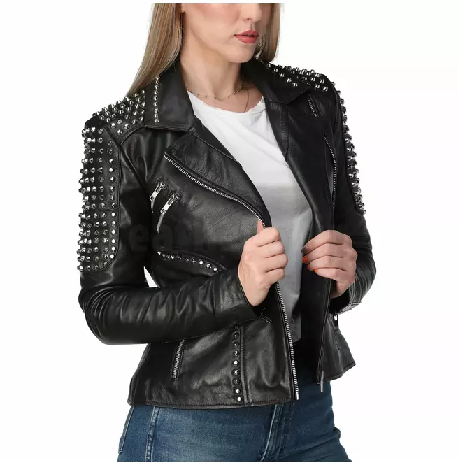 Punk Women's Black Leather Jacket With Spike Details and Studs