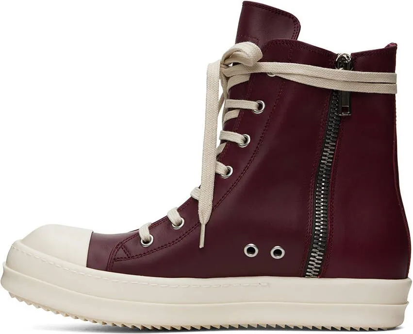 Rick Owens Burgundy Leather High Sneakers