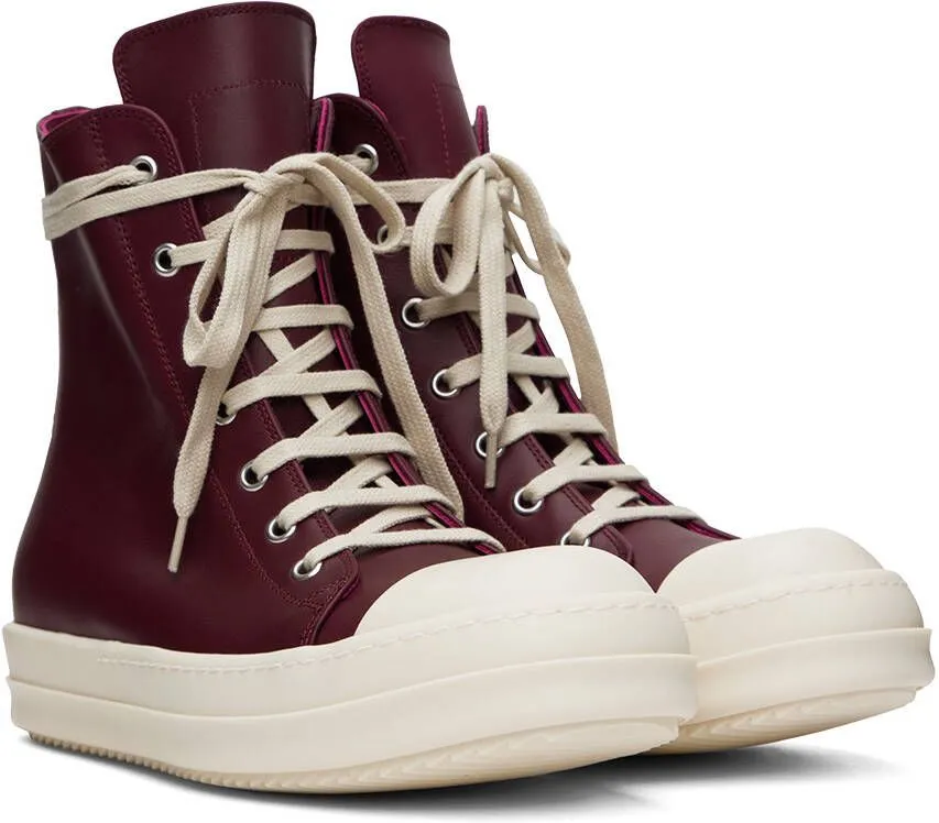 Rick Owens Burgundy Leather High Sneakers