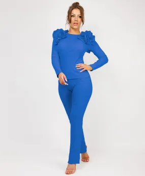 Royal Blue Ruffle Frill Shoulder Ribbed Top And Trousers Loungewear Set