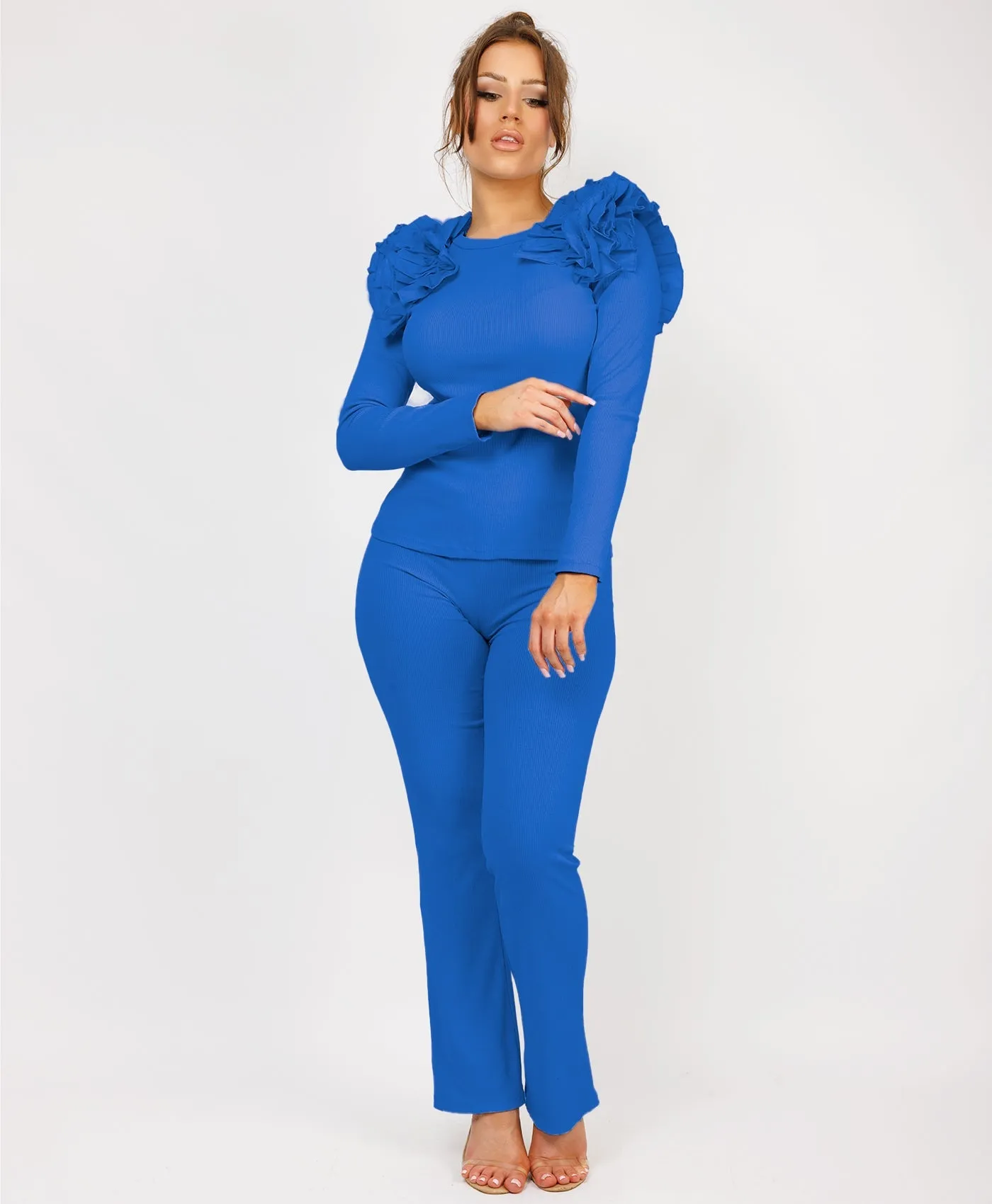 Royal Blue Ruffle Frill Shoulder Ribbed Top And Trousers Loungewear Set