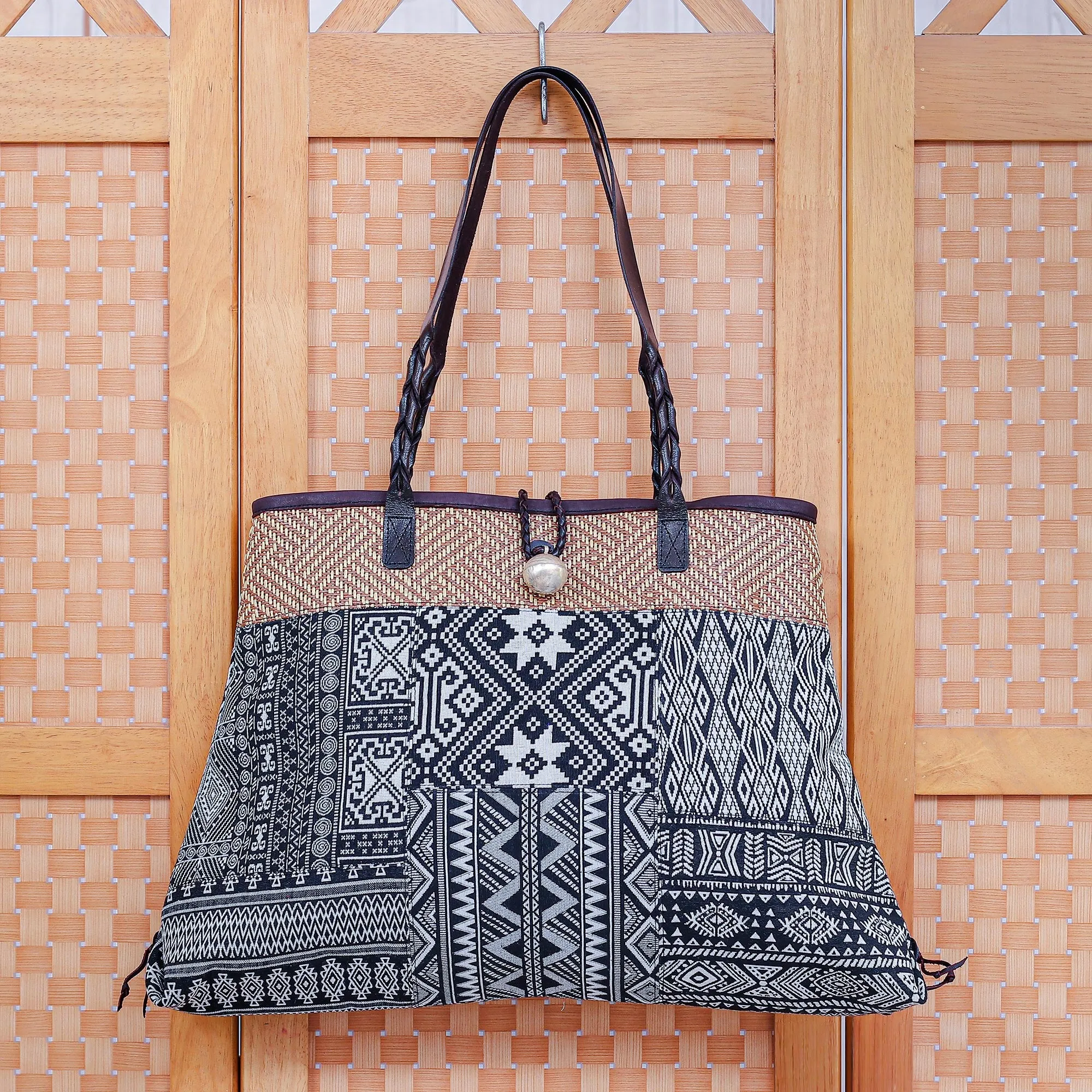 Shopping Day in Black Cotton Blend Geometric-Motif Shoulder Bag