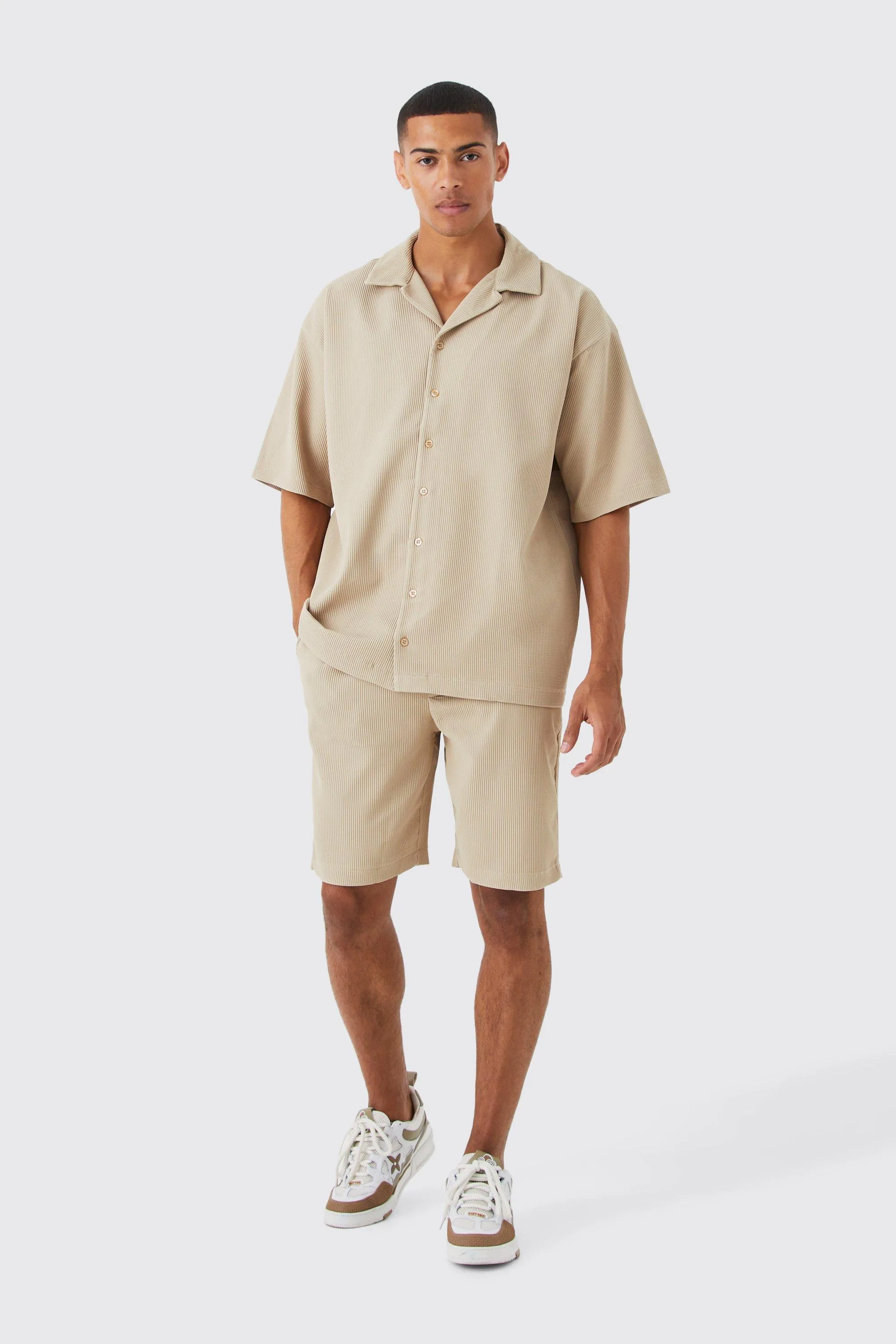 Short Sleeve Oversized Pleated Shirt & Short Set | boohooMAN UK