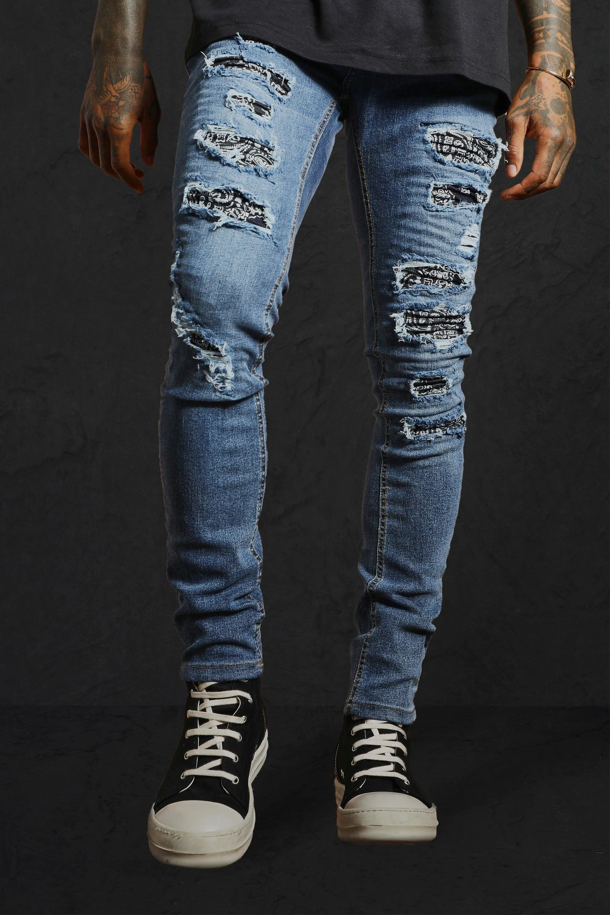 Skinny Rip & Repair Bandana Biker Jeans | boohooMAN UK