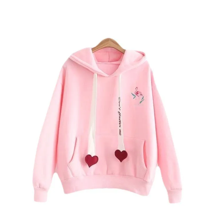 Solid Color Heart Shaped Drawstring Long Sleeved Pullover Women's Hoodie 