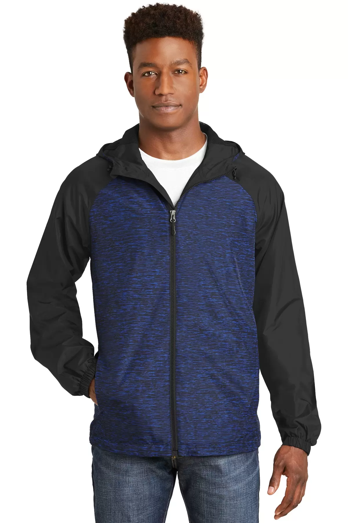 Sport Tek JST40 Sport-Tek Heather Colorblock Raglan Hooded Wind Jacket SKU: JST40