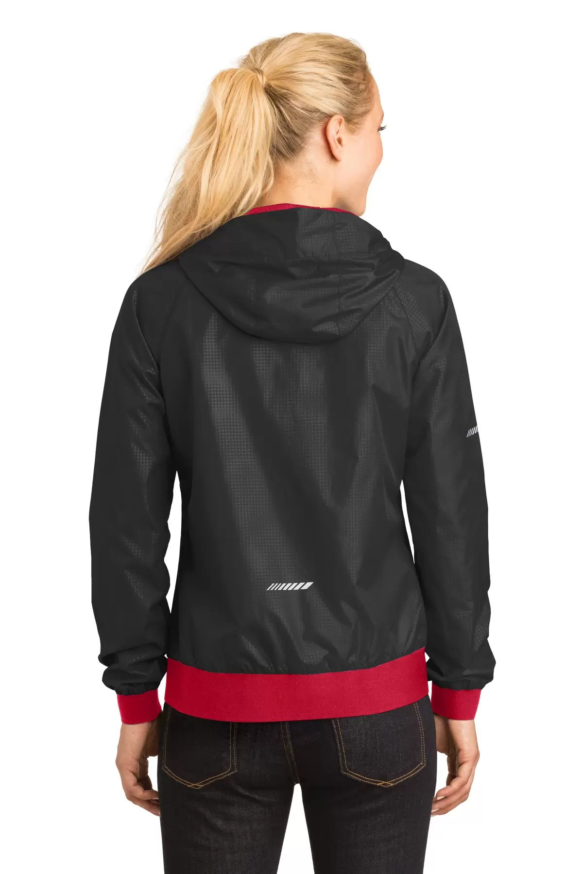 Sport Tek LST53 Sport-Tek Ladies Embossed Hooded Wind Jacket SKU: LST53