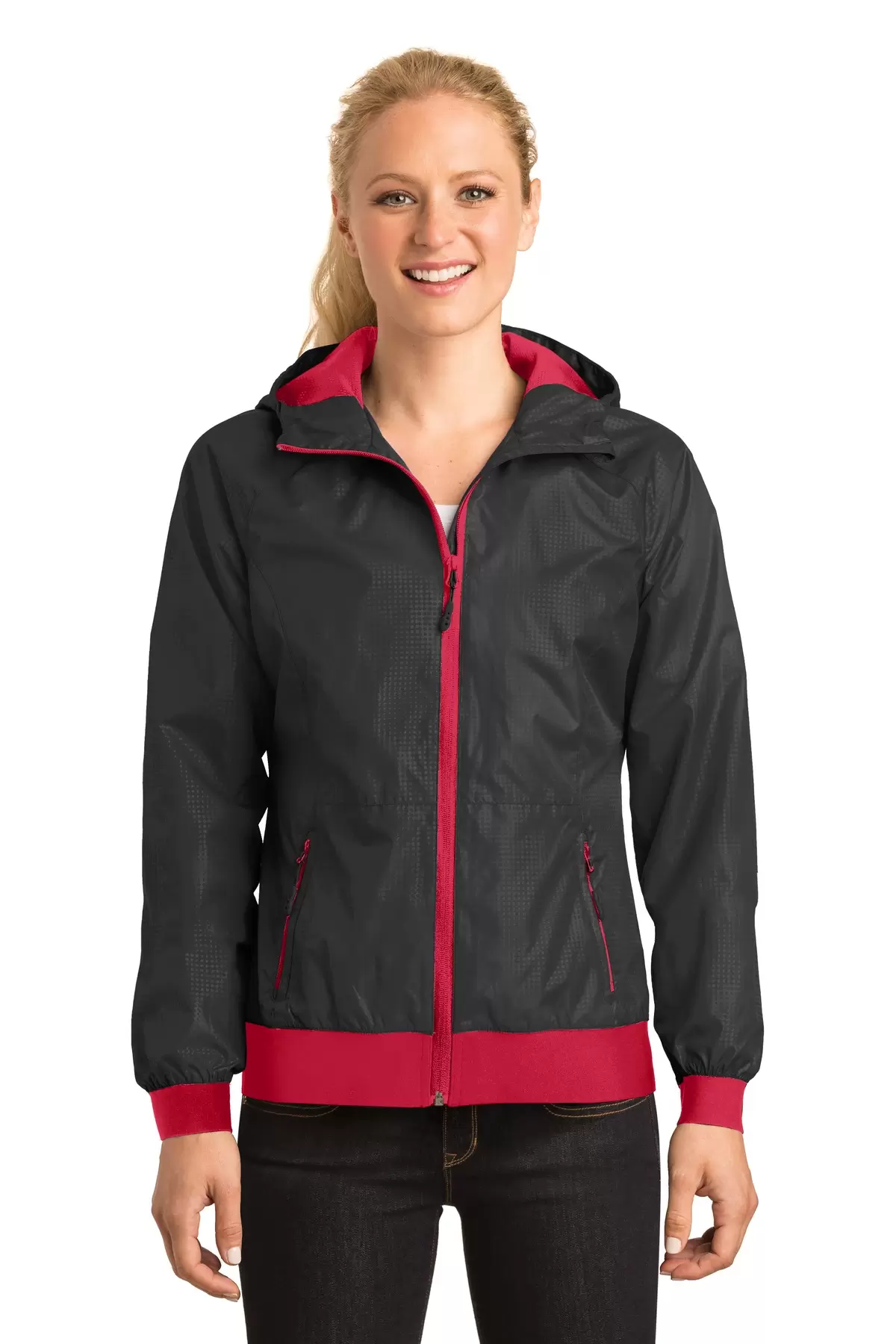 Sport Tek LST53 Sport-Tek Ladies Embossed Hooded Wind Jacket SKU: LST53