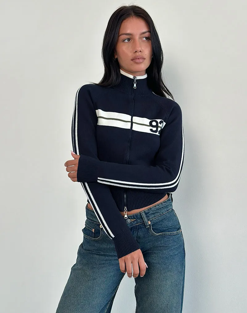 Takiya Zip Through Jacket in Deep Navy with 92 Design