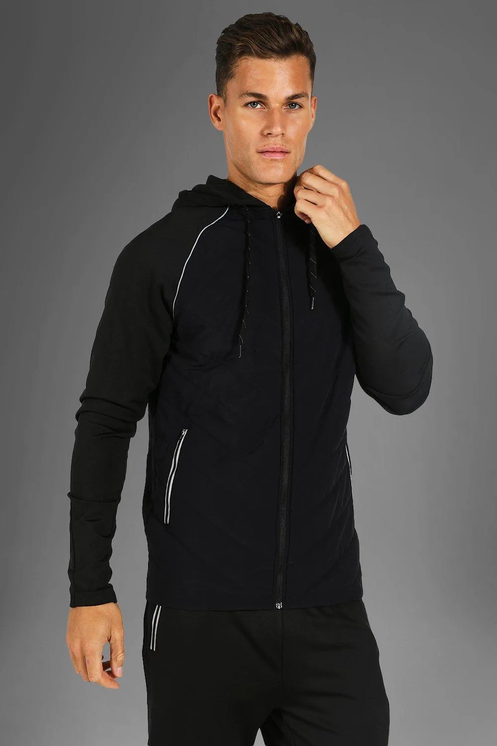 Tall Man Active Gym Quilted Zip Thru Hoodie | boohooMAN UK