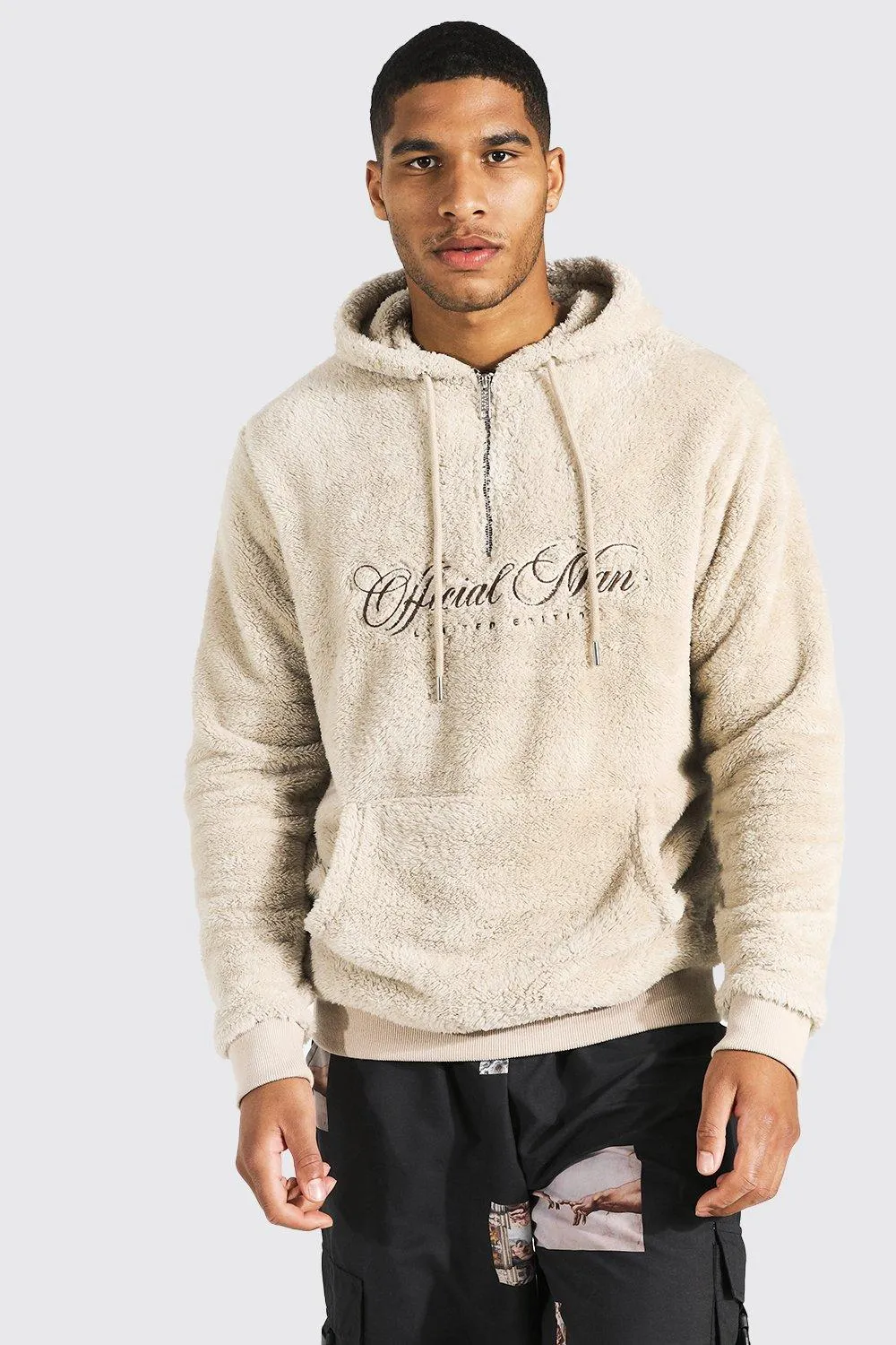 Tall Man Embroidered Borg 1/2 Zip Hoodie | boohooMAN UK