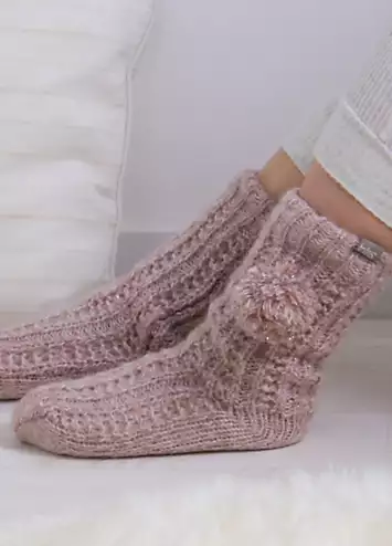 Totes Ladies Pink Luxury Sparkle Pom Pom Slipper Socks | Kaleidoscope