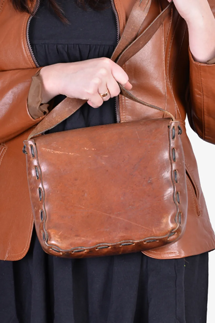 Vintage 1970's Hand Tooled Leather Handbag - Brick Vintage