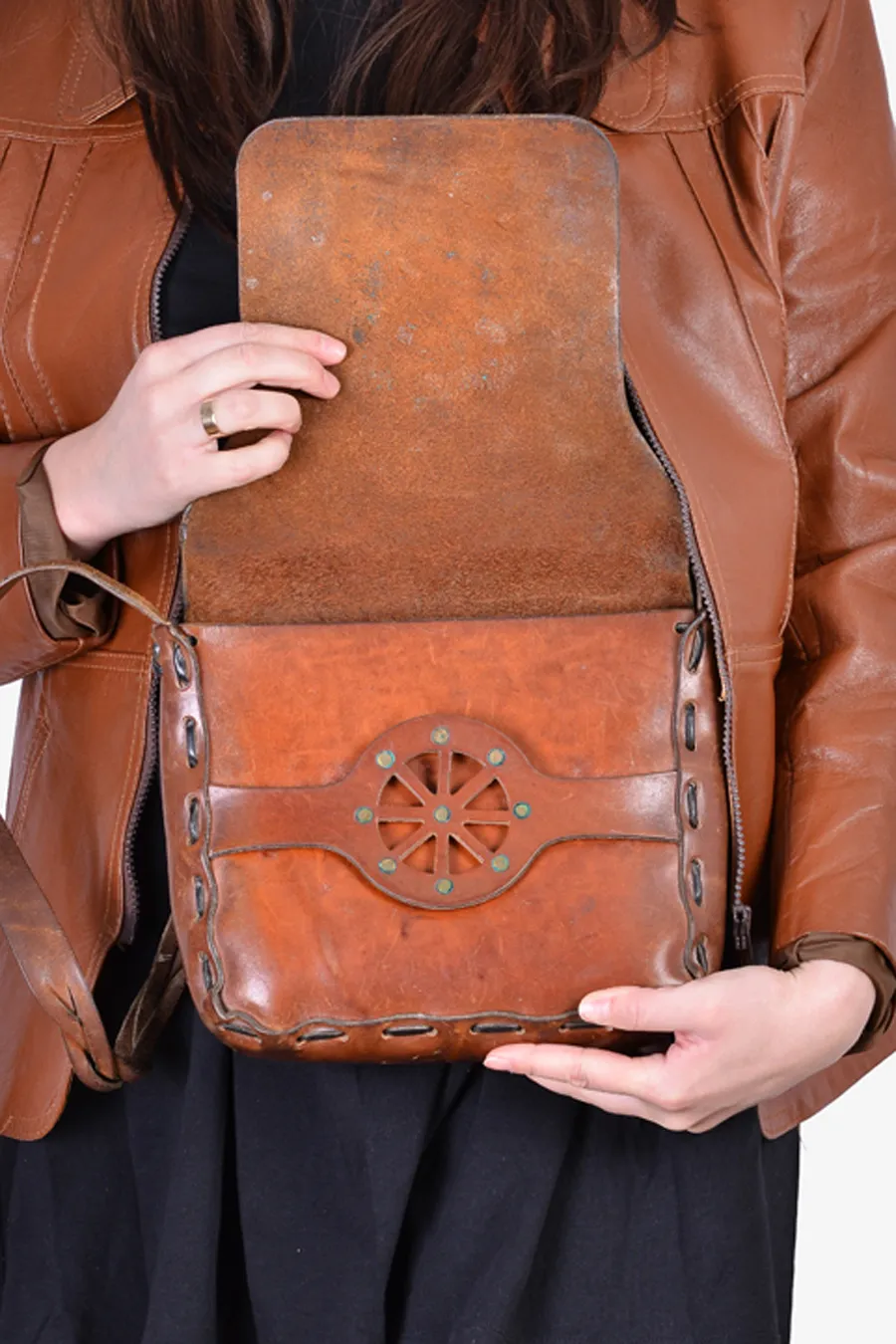 Vintage 1970's Hand Tooled Leather Handbag - Brick Vintage