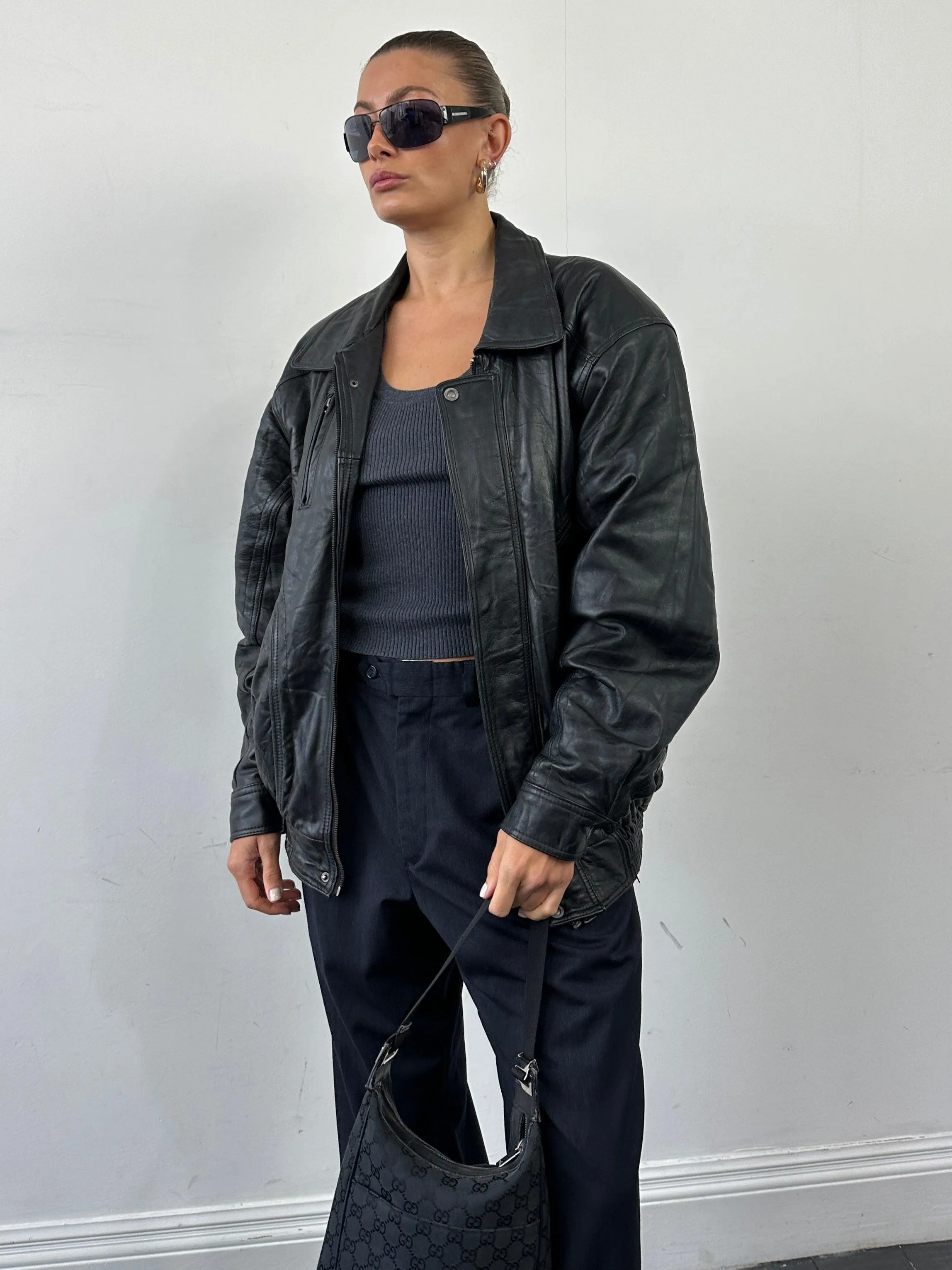 Vintage Leather Bomber Jacket - XL