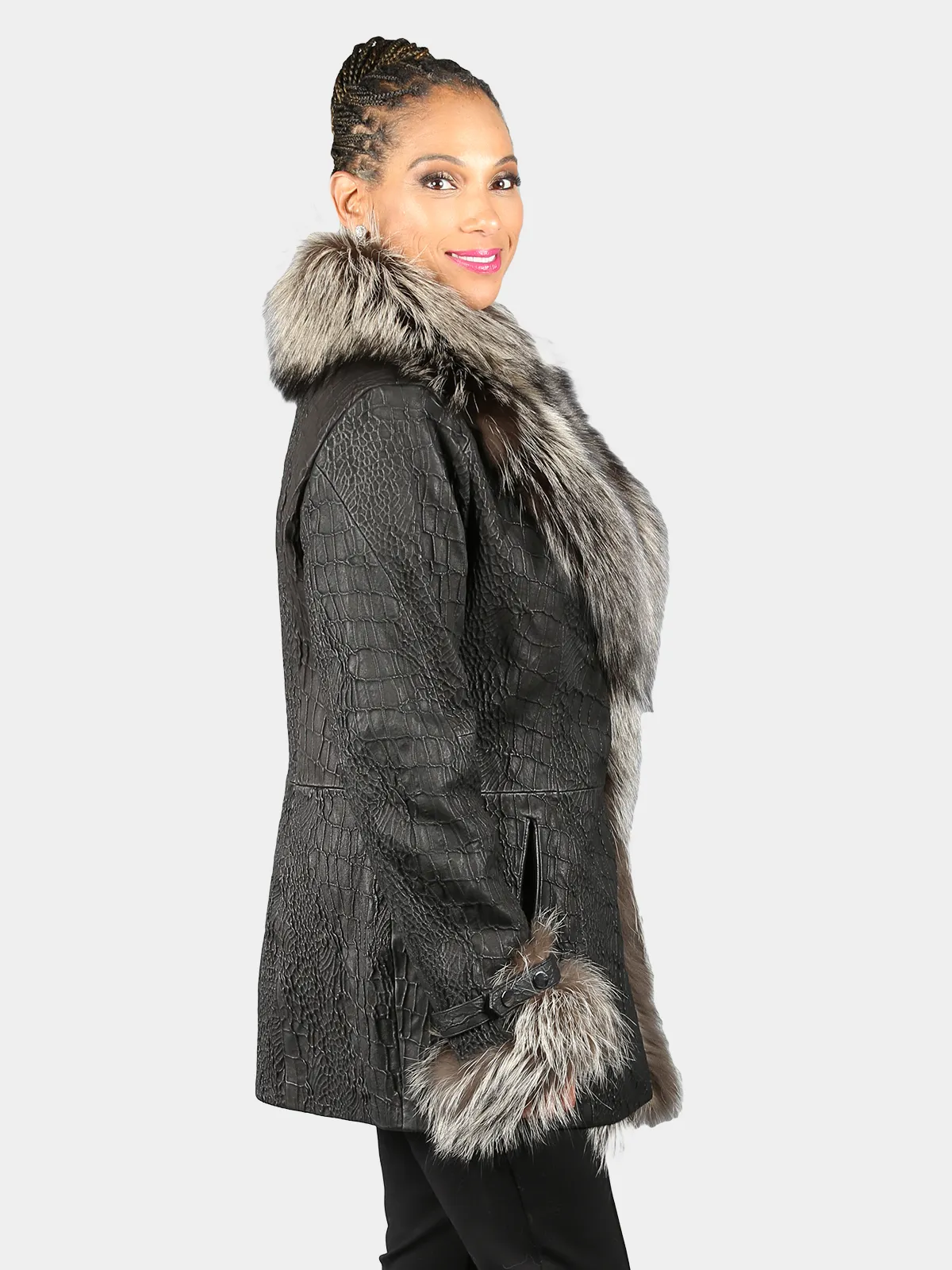 Woman's Powder Black Croco Embossed Lamb Leather Jacket - Day Furs