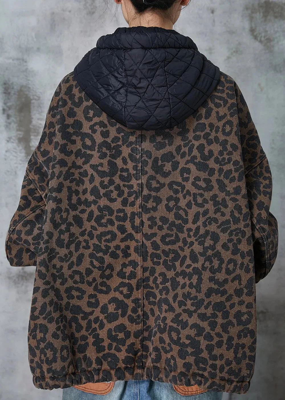 Women Coffee Hooded Leopard Print Warm Fleece Coat Spring JK1015