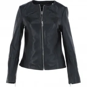 Women's Collarless Leather Fashion Jacket Black: AWL-284