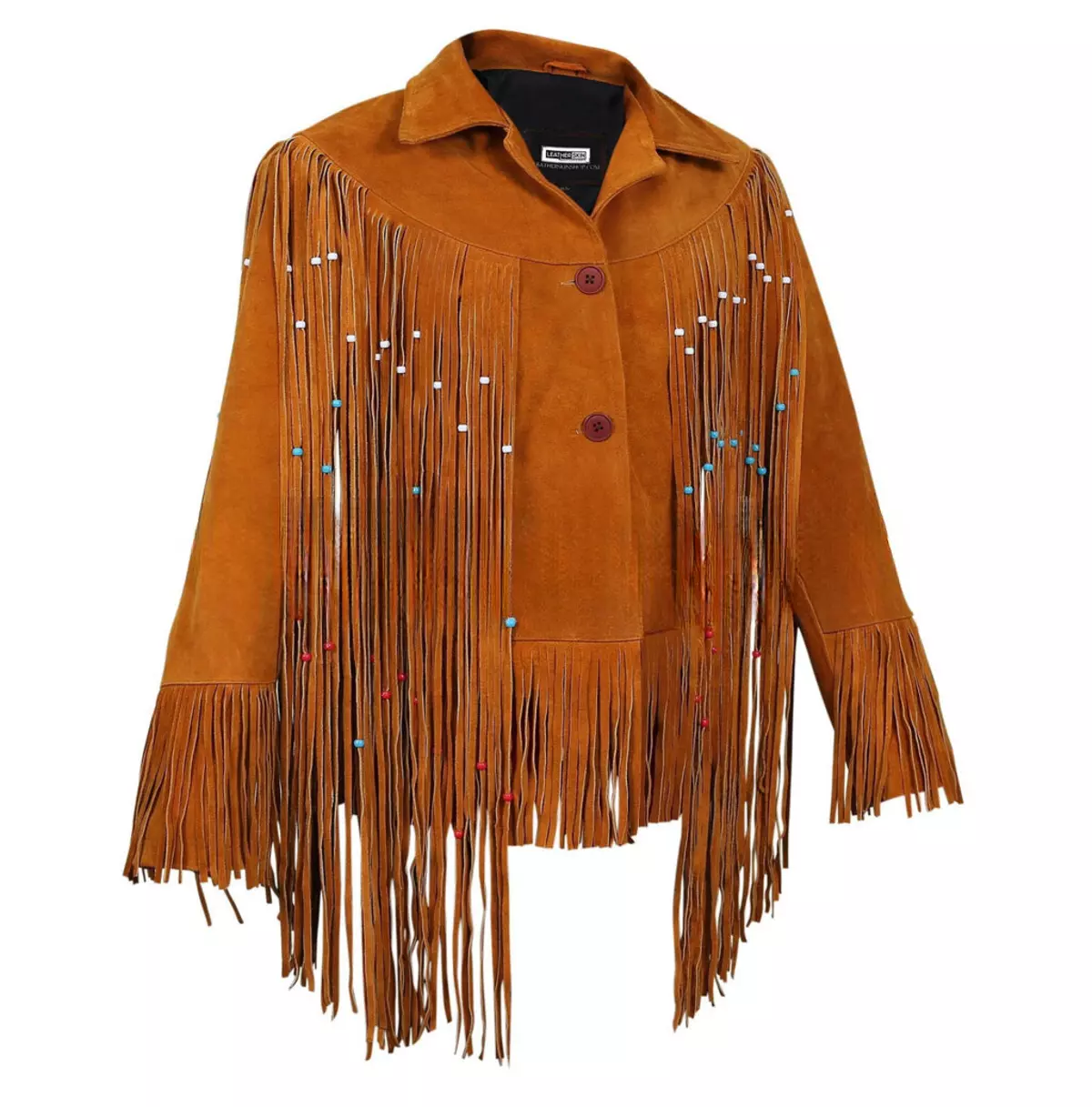 Women's Tan Western-Style Suede Leather Jacket With Beaded Fringe