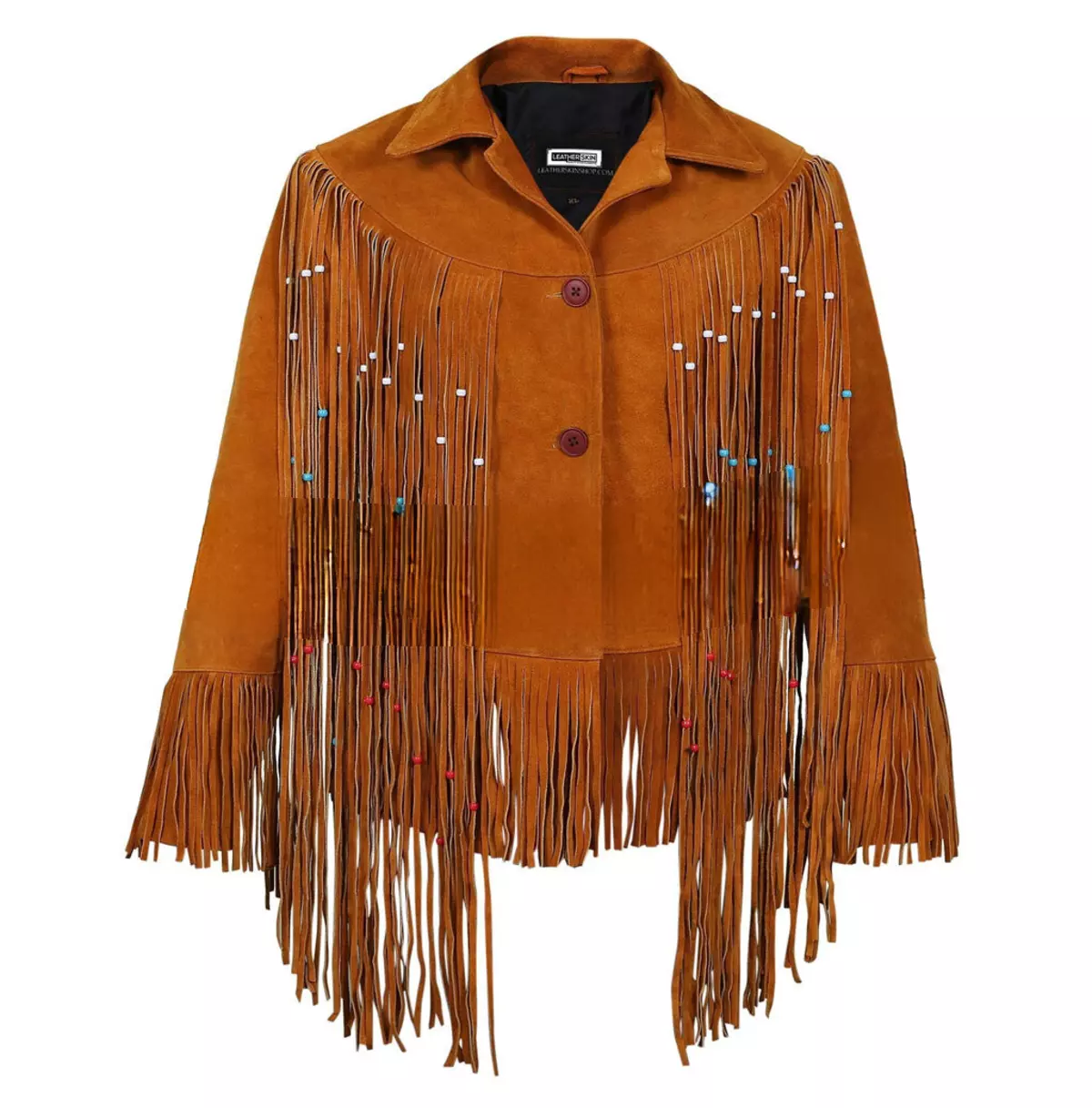 Women's Tan Western-Style Suede Leather Jacket With Beaded Fringe