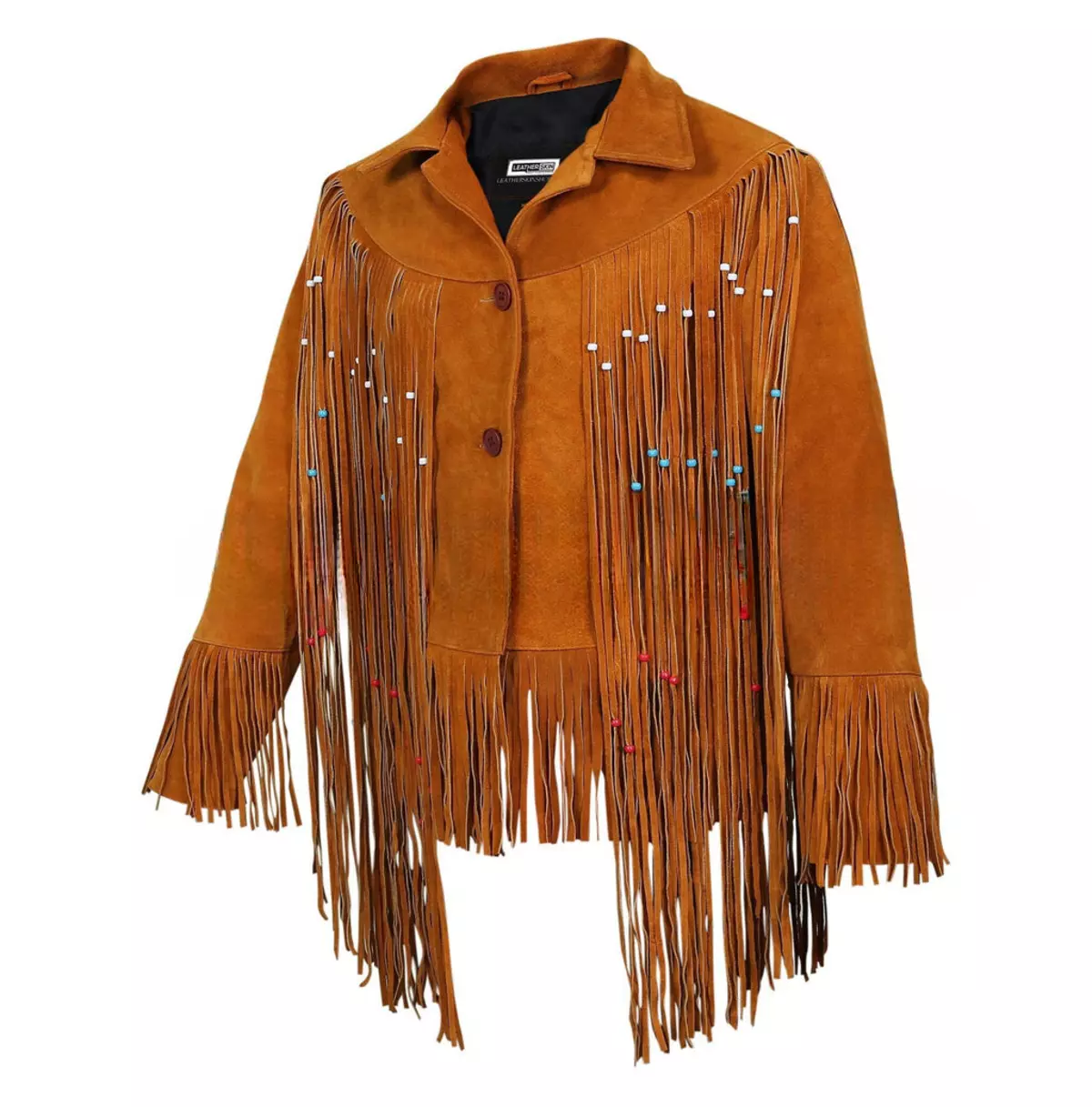 Women's Tan Western-Style Suede Leather Jacket With Beaded Fringe