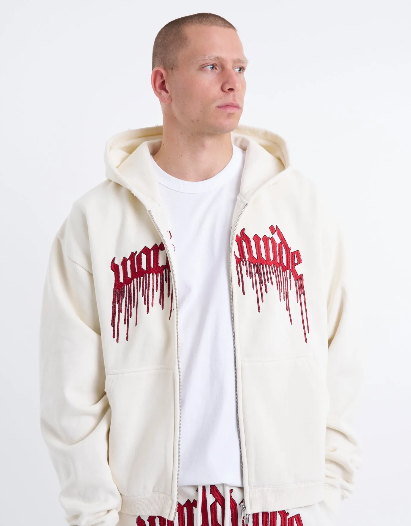 Worldwide Print Zip Up Hoodie in Snow | Hallensteins NZ